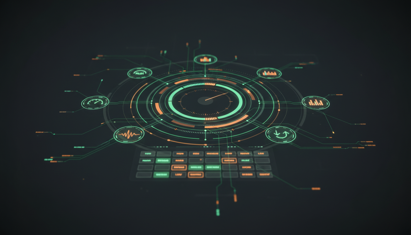 AI Confidence Scoring - circular confidence gauge with technical indicator icons