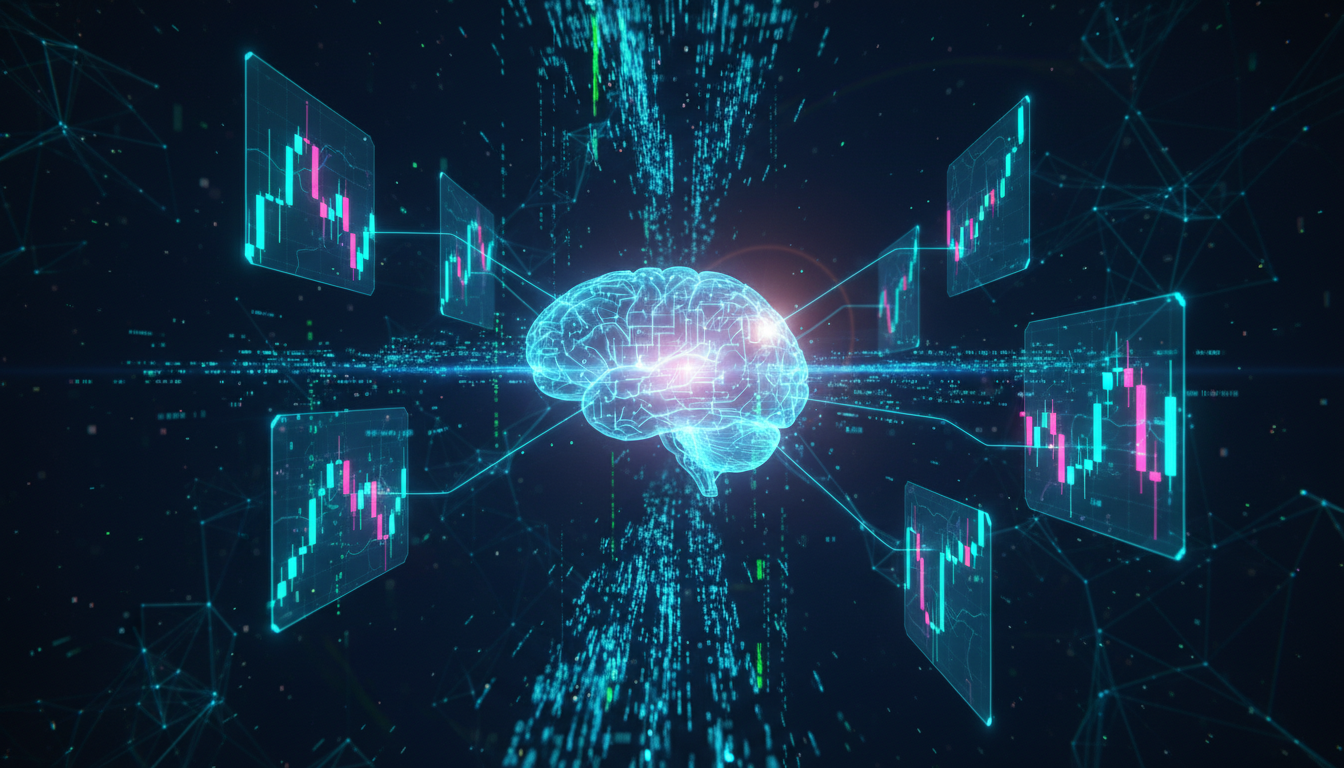 AI Crypto Trading Signals - neural network brain connected to candlestick charts